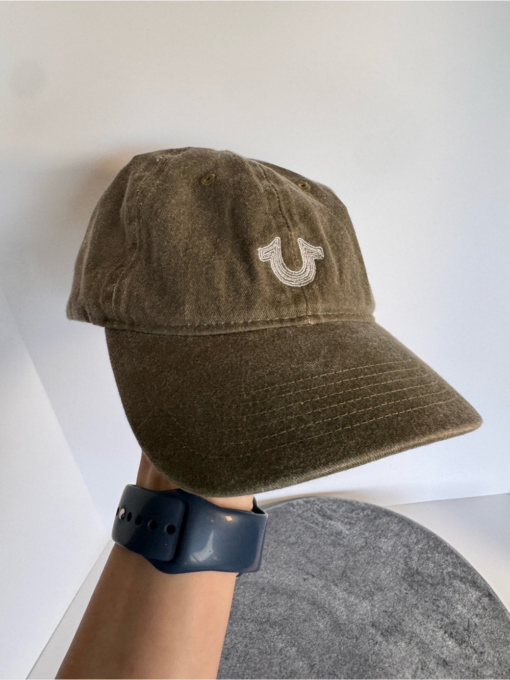 True Religion Olive Green Baseball Cap Hat White Logo Embroidered OS